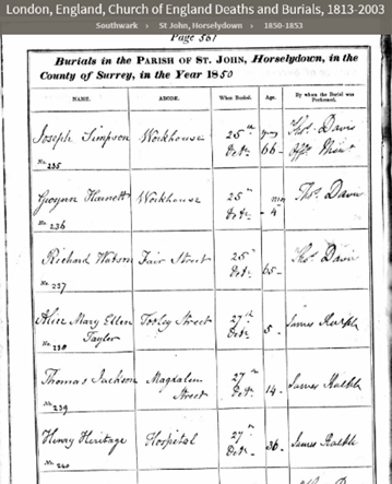Burials in the Parish of St John Horselydown, 1850